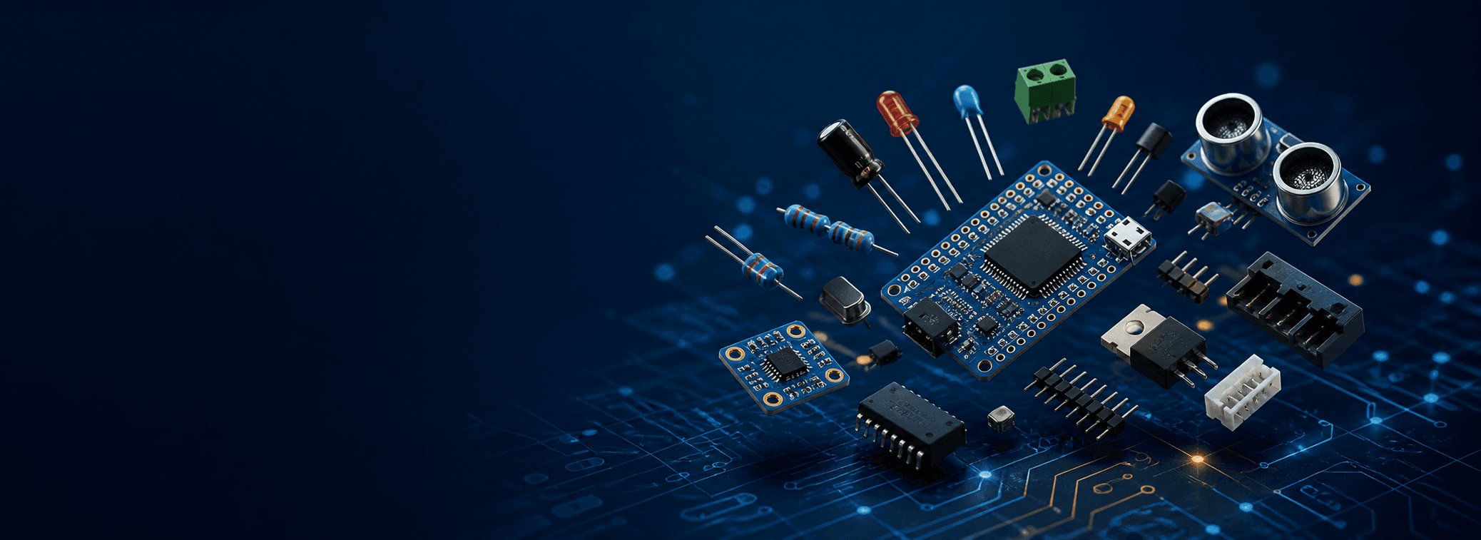 Electronic components, sensors, connectors, and microcontroller boards