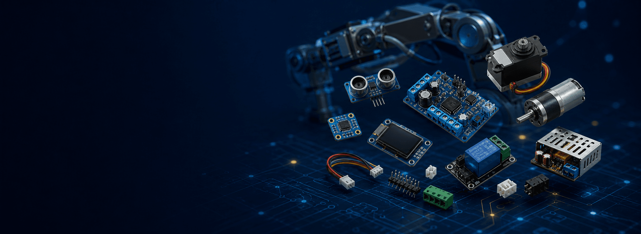 Robotics motors, relay modules, sensors, displays, and automation electronics